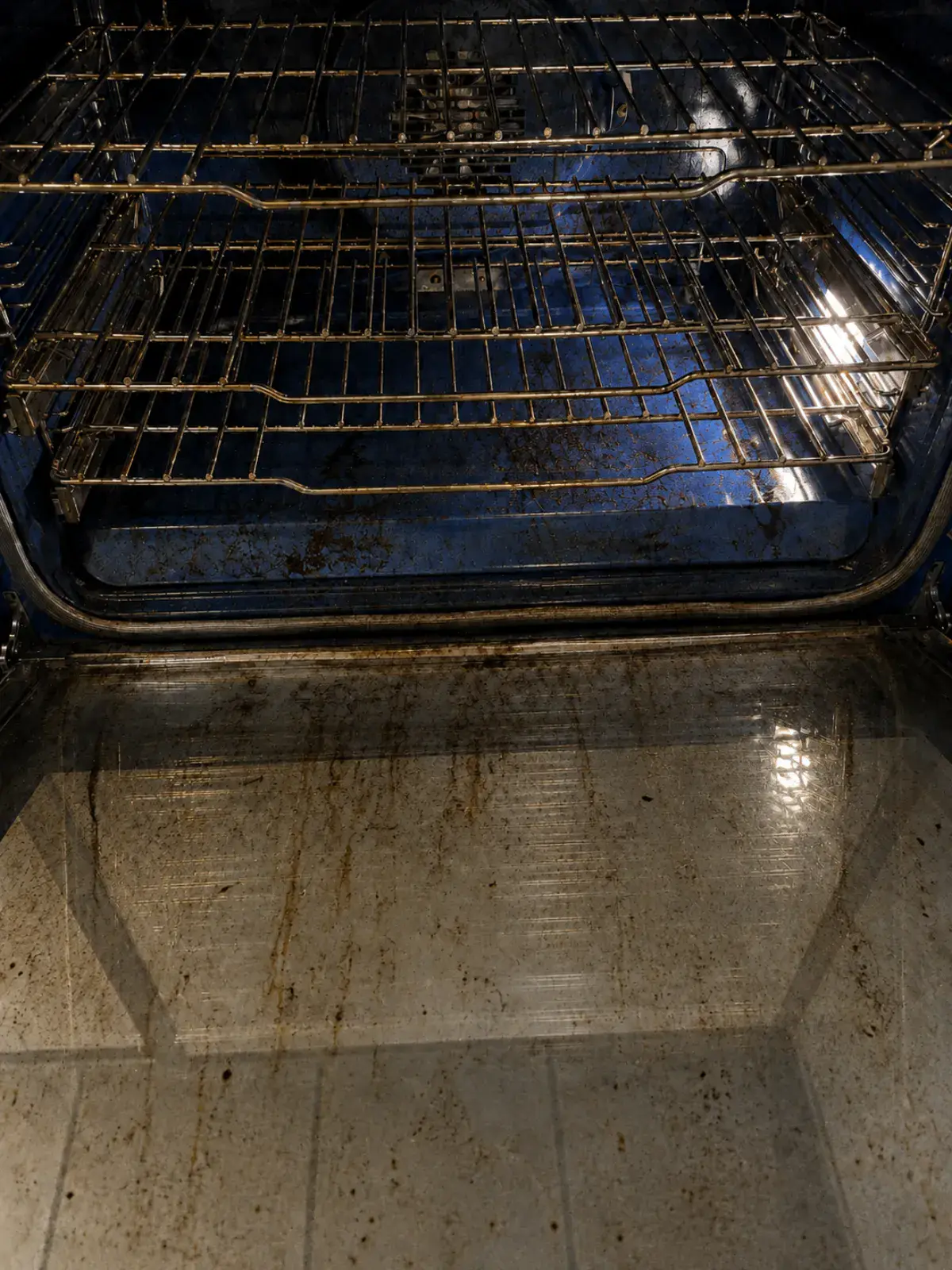 Oven racks and interior before deep cleaning